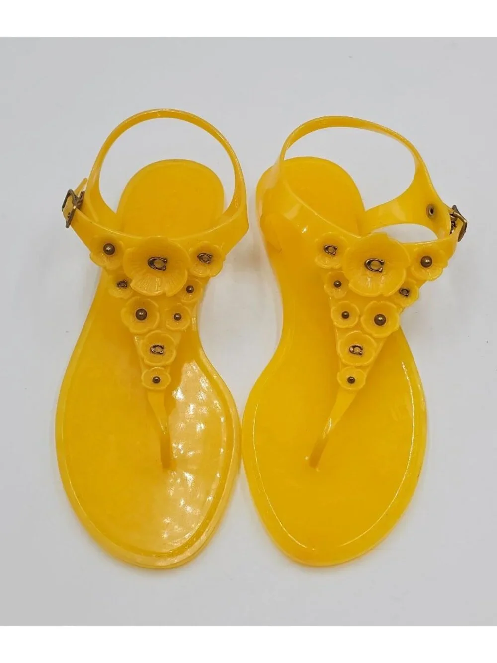 NWOB Coach Womens Yellow Tea Rose Jelly Floral Accents T-strap Sandals Sz 8 3764